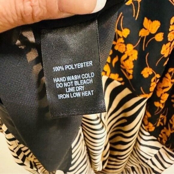 Lulu’s Gold Mine Black Multi Print Satin Asymmetrical Midi Dress Size Medium - Picture 10 of 12